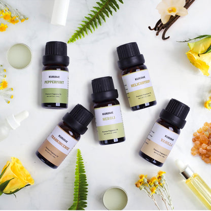 KURJIME Essential Oil Set – Earthy Fragrance Oils for Diffusers (6x10ml): Peppermint, Frankincense, Vanilla, Helichrysum, Neroli, Tobacco Vanilla