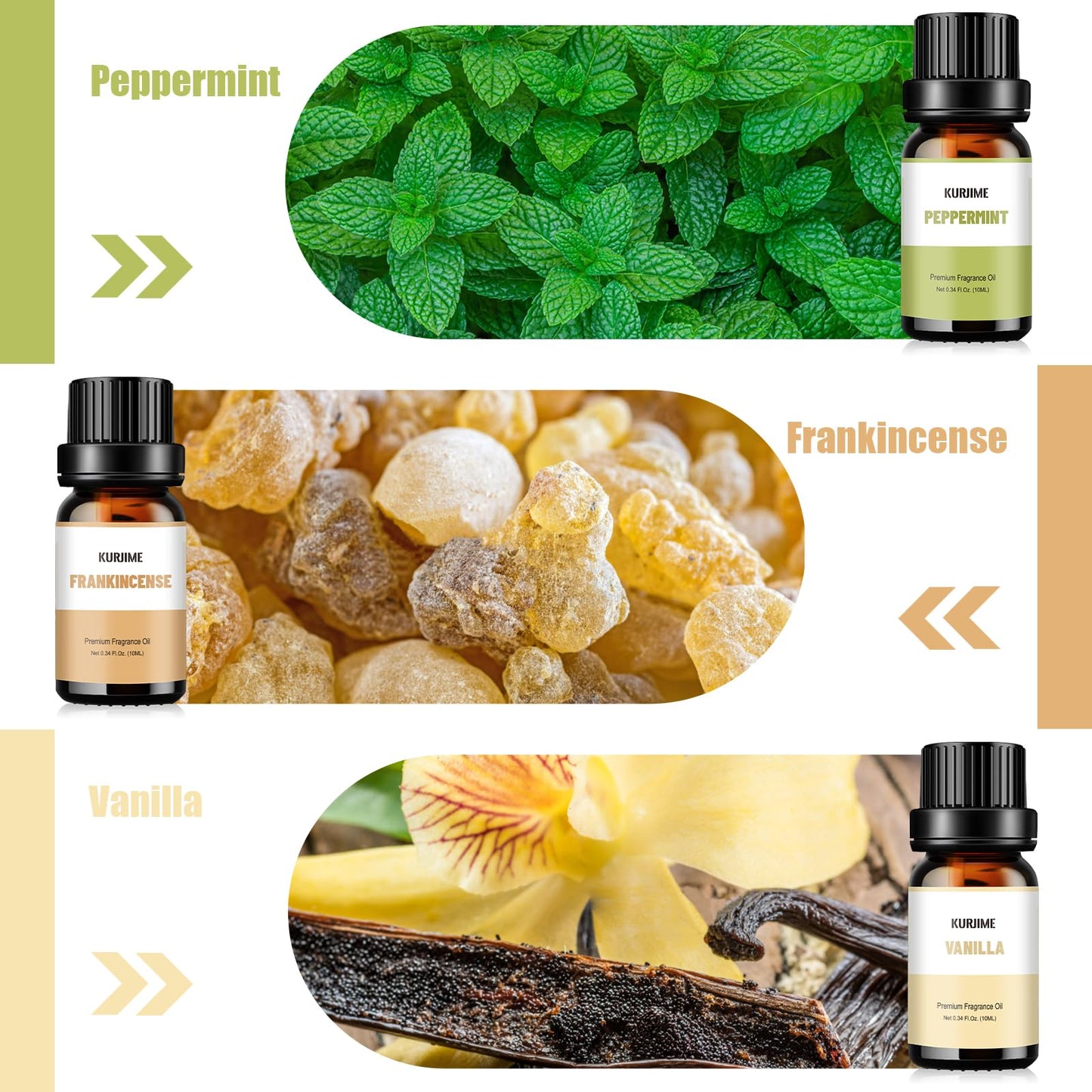 KURJIME Essential Oil Set – Earthy Fragrance Oils for Diffusers (6x10ml): Peppermint, Frankincense, Vanilla, Helichrysum, Neroli, Tobacco Vanilla