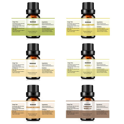 KURJIME Essential Oil Set – Earthy Fragrance Oils for Diffusers (6x10ml): Peppermint, Frankincense, Vanilla, Helichrysum, Neroli, Tobacco Vanilla