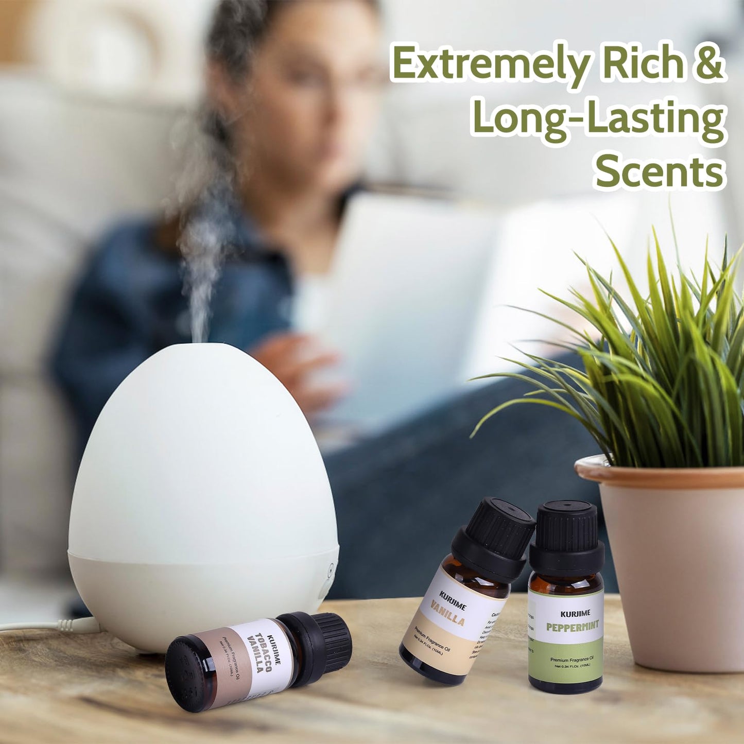 KURJIME Essential Oil Set – Earthy Fragrance Oils for Diffusers (6x10ml): Peppermint, Frankincense, Vanilla, Helichrysum, Neroli, Tobacco Vanilla