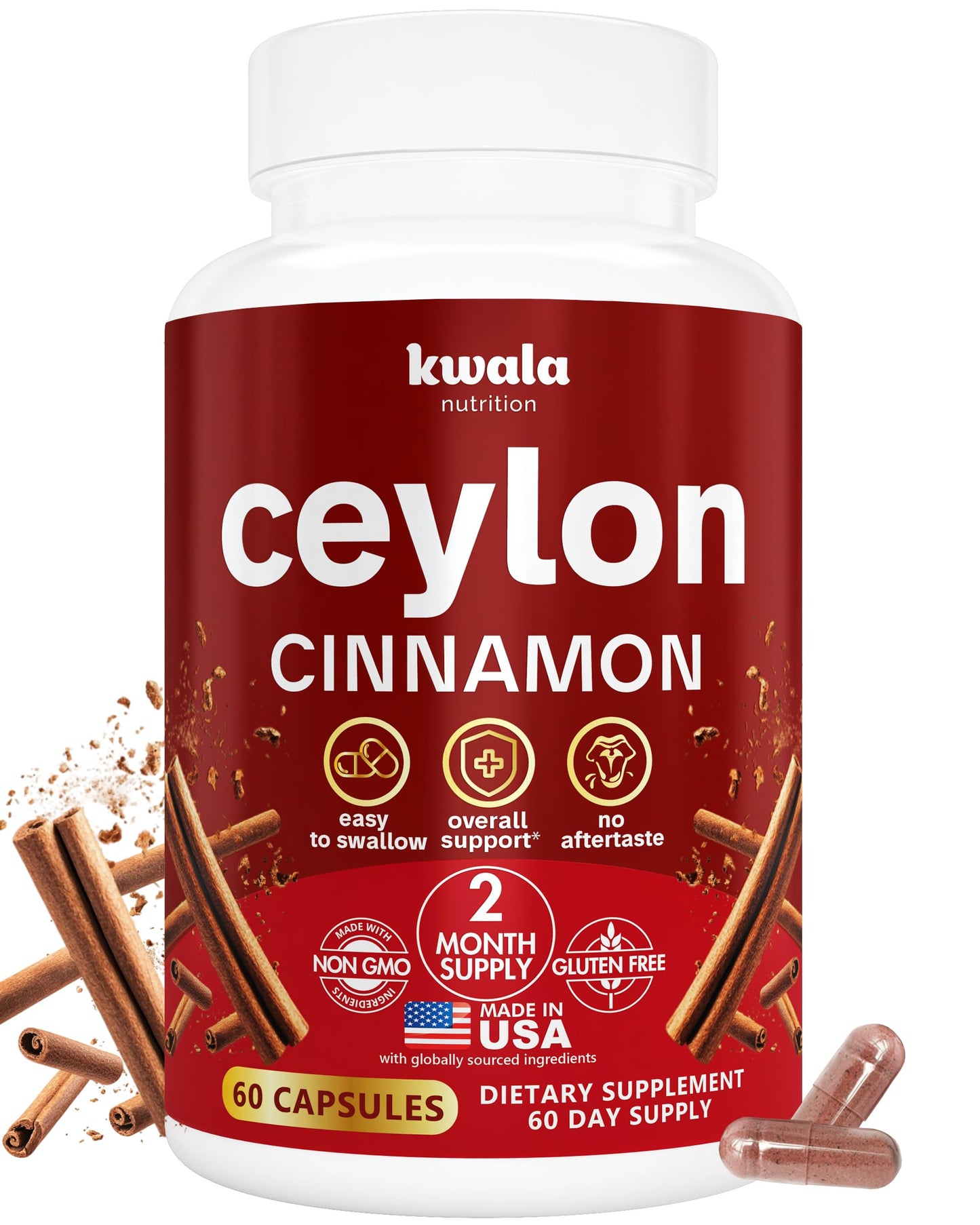 Kwala Nutrition Ceylon Cinnamon – Organic Cinnamon for Heart & Antioxidant Support | 60 Capsules