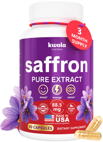 Kwala Nutrition Saffron Supplement - Mood & Energy, 88.5mg, 90 Capsules