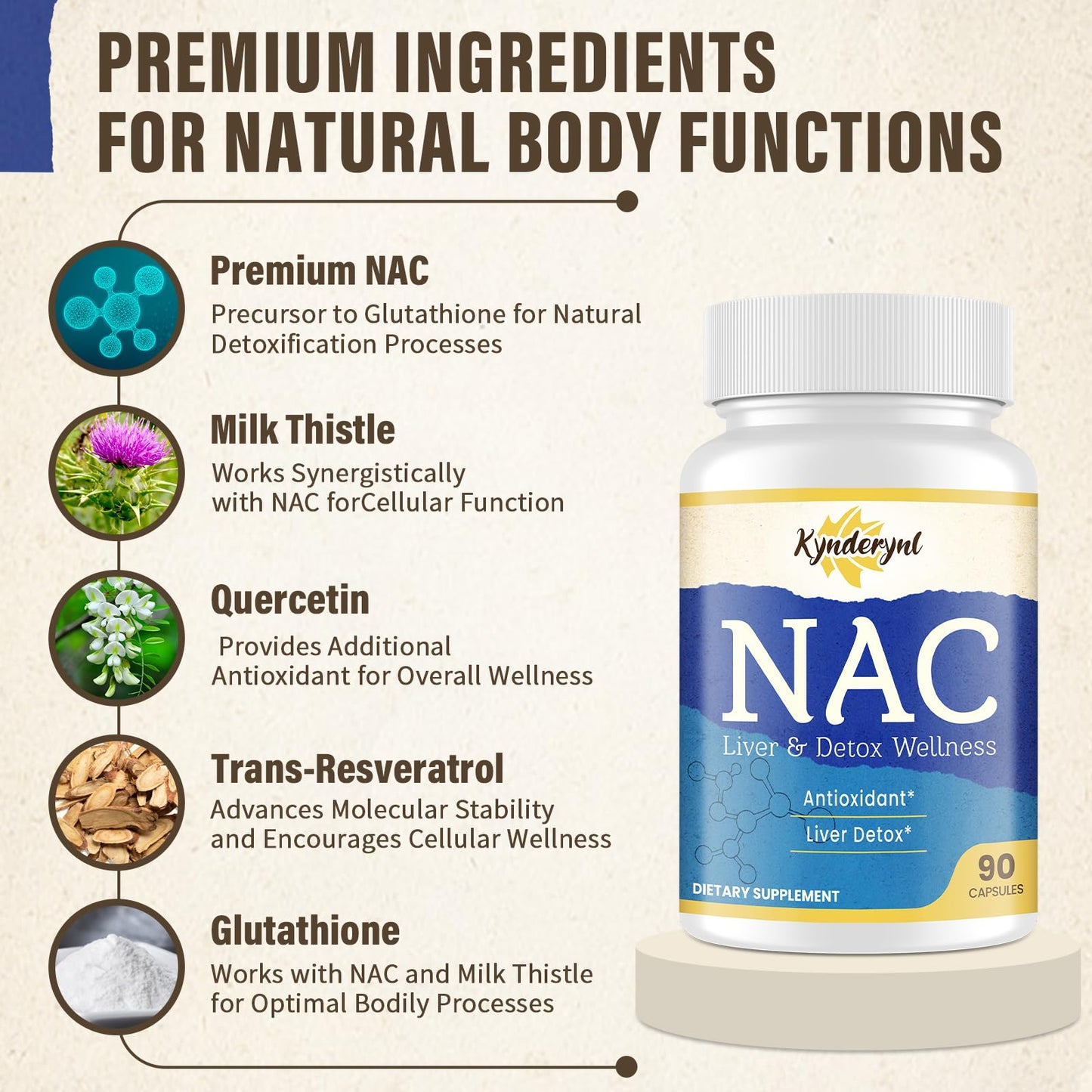 Kynderynl NAC Supplement 1000mg - High Dose NAC + Milk Thistle, Quercetin, Resveratrol, Glutathione - 90 Vegan Capsules