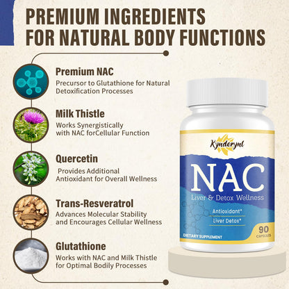 Kynderynl NAC Supplement 1000mg - High Dose NAC + Milk Thistle, Quercetin, Resveratrol, Glutathione - 90 Vegan Capsules