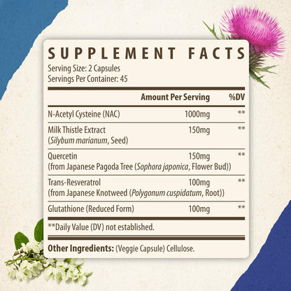 Kynderynl NAC Supplement 1000mg - High-Dose NAC + Milk Thistle, Quercetin, Resveratrol, Glutathione - Antioxidant Formula - 90 Vegan Capsules -2P