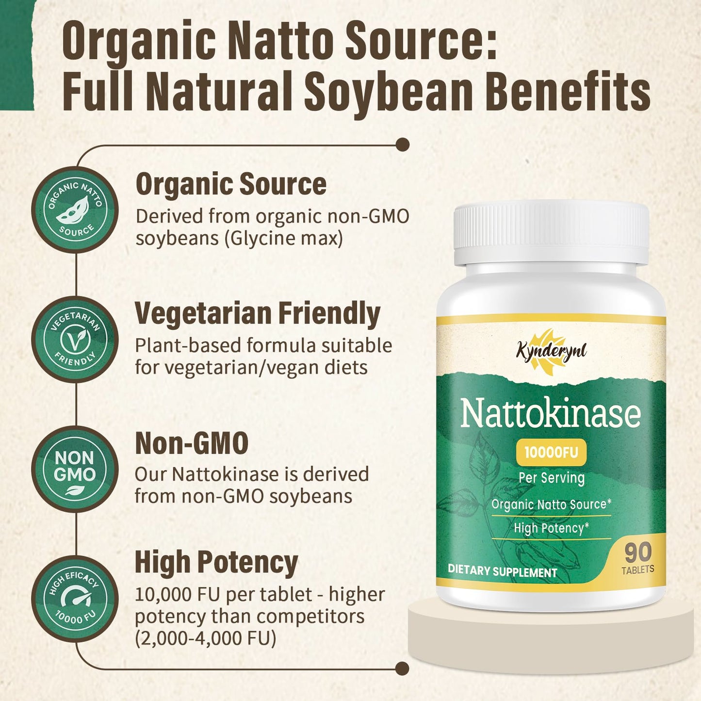 Kynderynl Nattokinase 10000FU – Organic Natto Enzyme 500mg, Enteric-Coated, Vegan