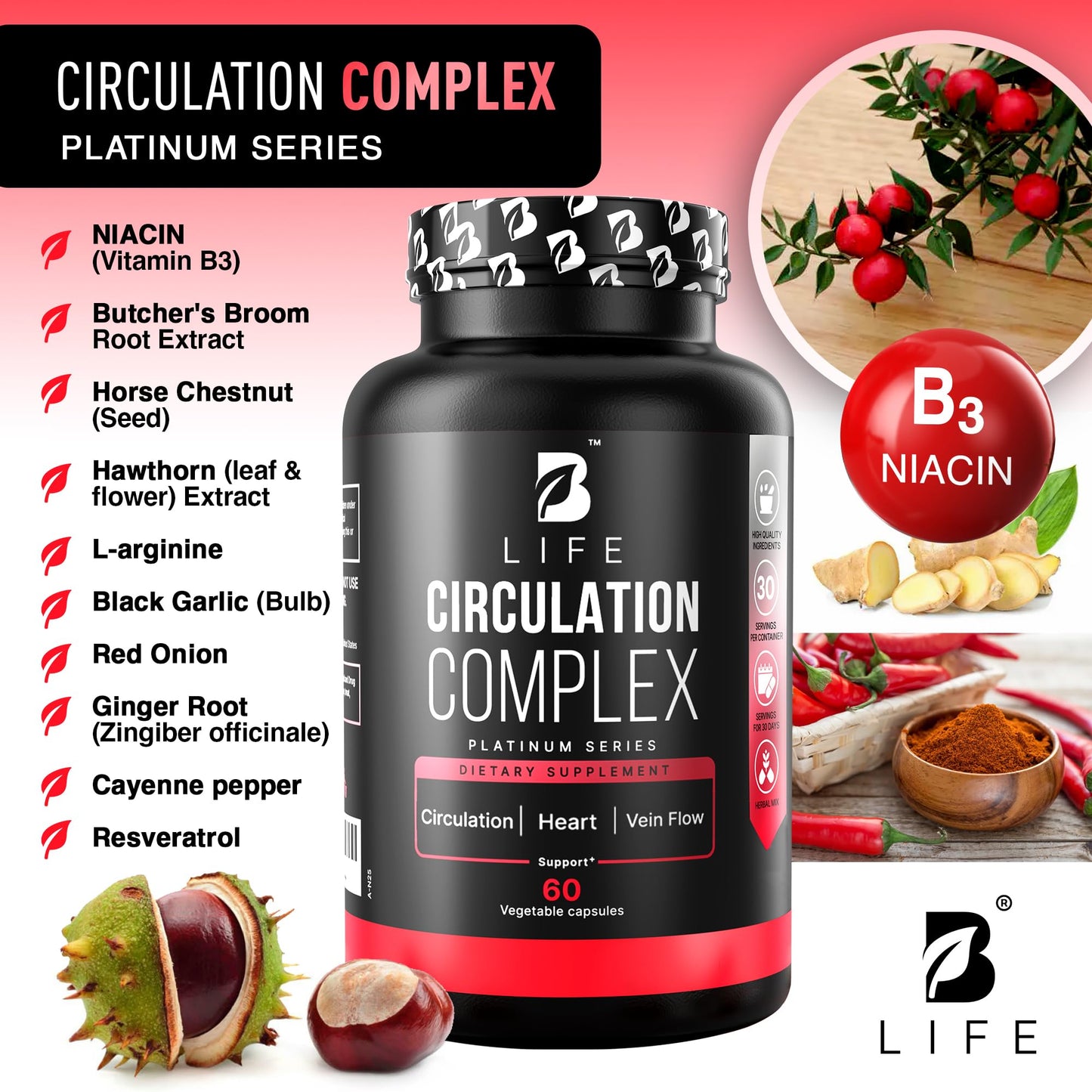 Circulation Support for Vein & Artery Health | Vascular Support with L-Arginine, Horse Chestnut & Butcher’s Broom | 60 Capsules