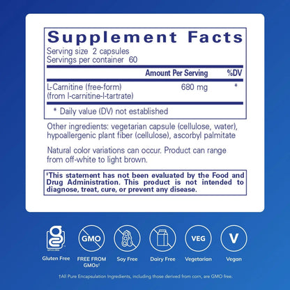 Pure Encapsulations L-Carnitine | Hypoallergenic Cardiovascular & Endurance Support | 120 Capsules BritishVita | Premium UK Vitamins & Wellness Supplements