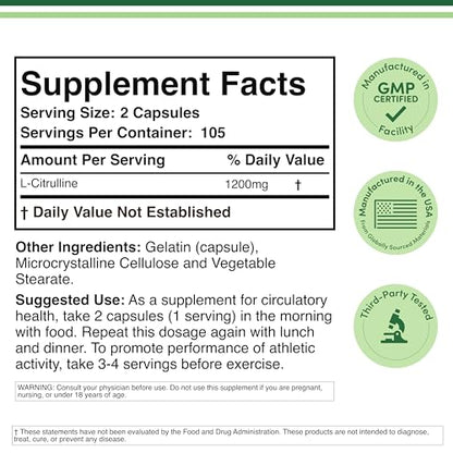 L Citrulline 1200mg Capsules – 210 Count | Nitric Oxide Booster | Double Wood
