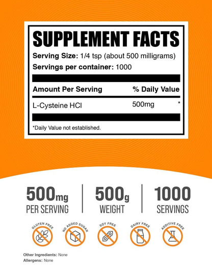 L-Cysteine HCl Powder (NAC) – 500mg/Serving, 500g | Gluten Free | BulkSupplements