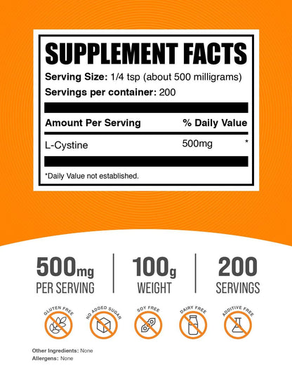 BulkSupplements L-Cystine Powder 500mg — Gluten Free, 100g (Pack of 1)
