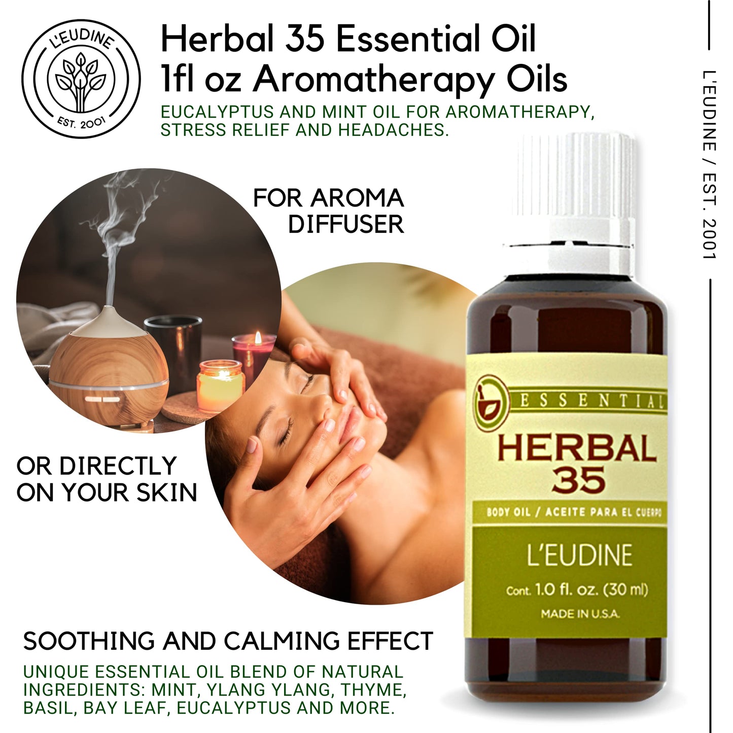 L’EUDINE Herbal 35 Essential Oil Diffuser & Skin – Aromatherapy, 1 Fl Oz