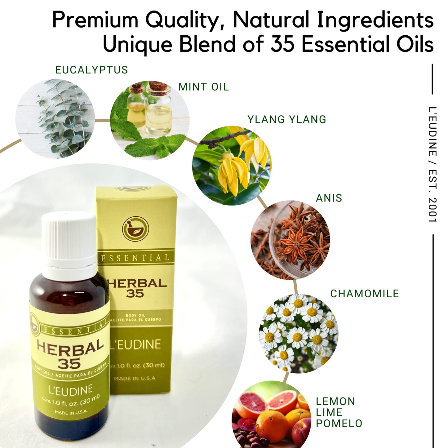 L’EUDINE Herbal 35 Essential Oil – Pack of 3, 1 fl oz – Eucalyptus & Mint