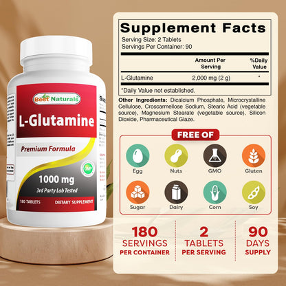 Best Naturals L-Glutamine 1000mg – 180 Count (Non-GMO) Tablets