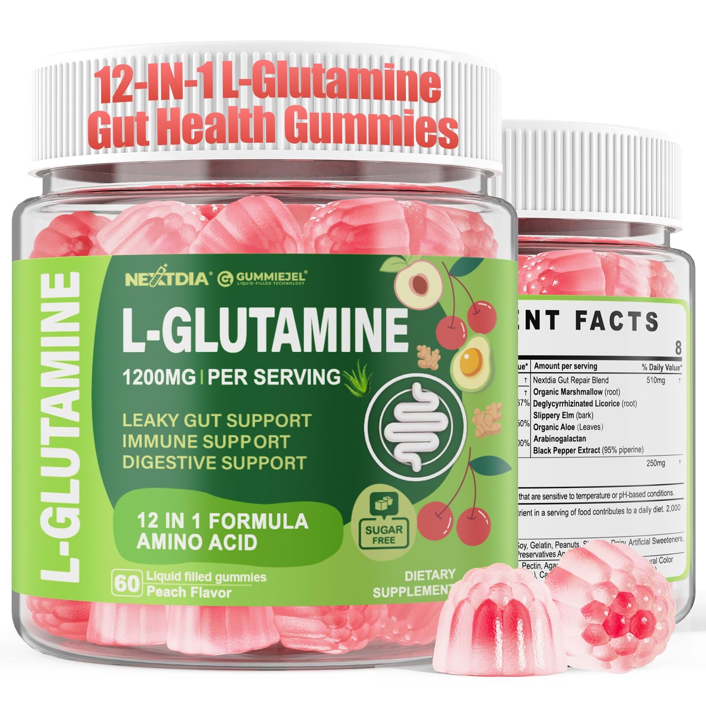 L-Glutamine 1200mg Gut & Immune Support Gummies – Sugar-Free, Vegan, 60 Count