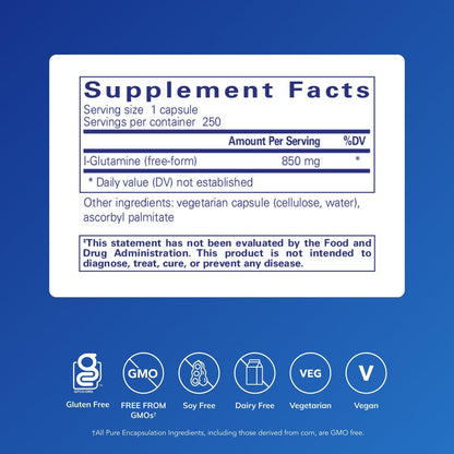 Pure Encapsulations L-Glutamine 850 mg | Gut Health, Immune & Muscle Support | 250 Capsules