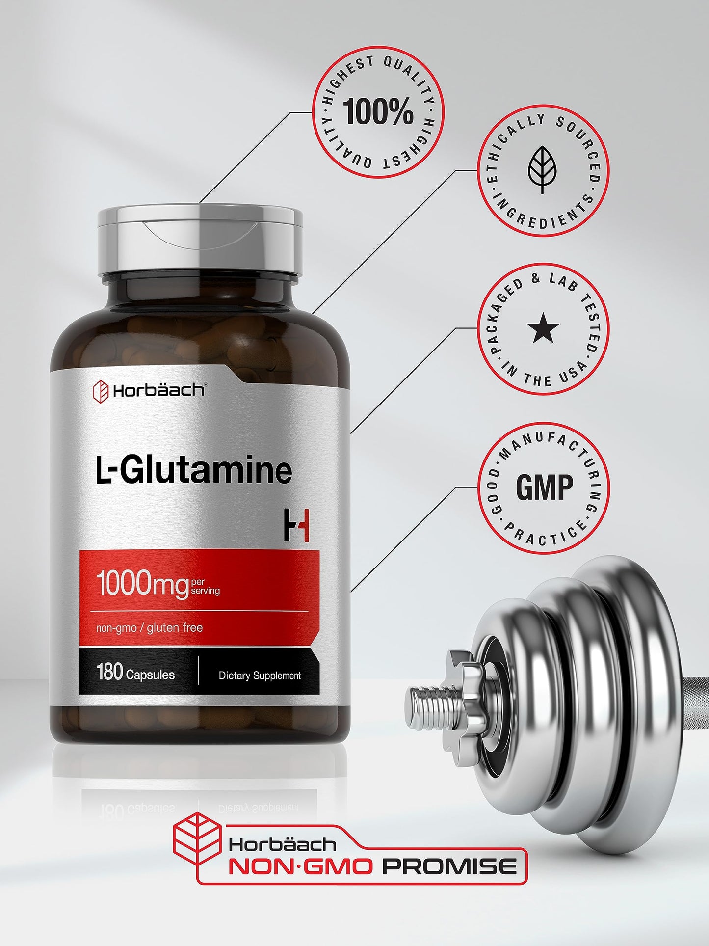 Horbaach L-Glutamine Capsules 1000mg – 180 Count | Non-GMO & Gluten Free | Pre & Post Workout
