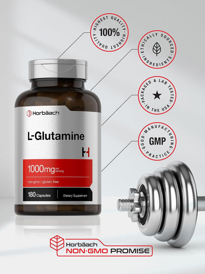 Horbaach L-Glutamine Capsules 1000mg – 180 Count | Non-GMO & Gluten Free | Pre & Post Workout