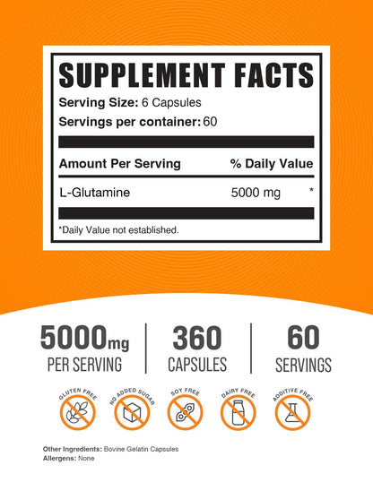 BulkSupplements L-Glutamine Capsules 5000mg – 360 Count, Gluten Free