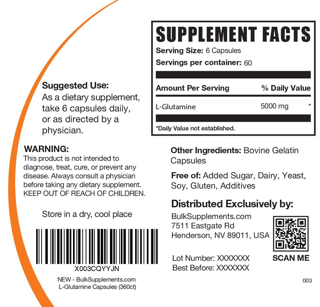 BulkSupplements L-Glutamine Capsules 5000mg – 360 Count, Gluten Free
