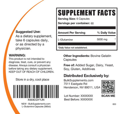 BulkSupplements L-Glutamine Capsules 5000mg – 360 Count, Gluten Free