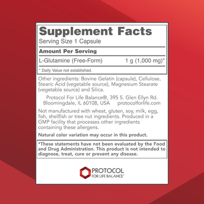 PROTOCOL FOR LIFE BALANCE L-Glutamine 1000mg - Gut Health & Immune Support - 120 Veg Caps