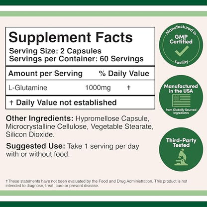 L Glutamine Capsules 1000mg - 120 Servings | Non-GMO, Gluten Free, Keto, Vegan | Double Wood