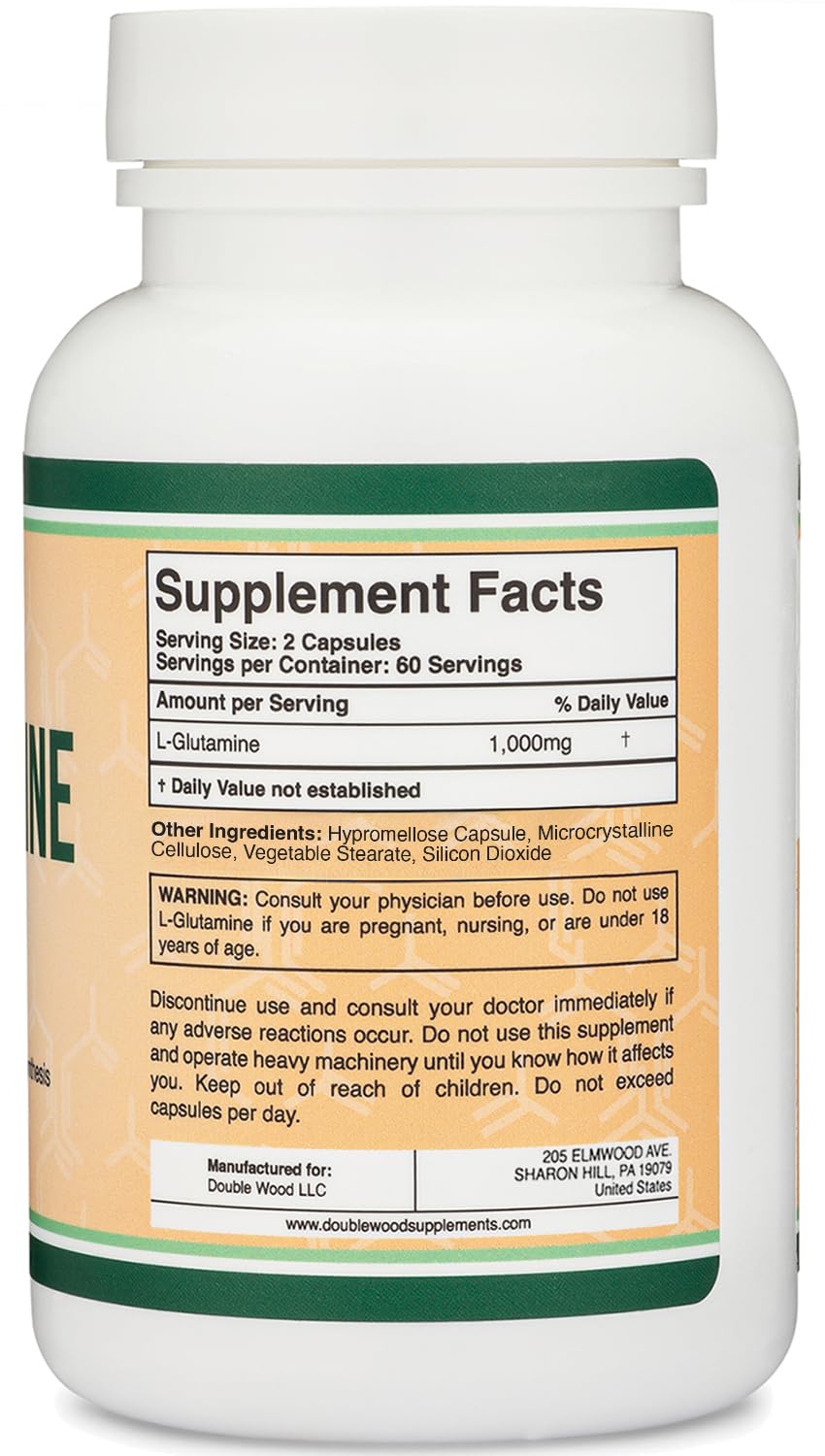 L Glutamine Capsules 1000mg - 120 Servings | Non-GMO, Gluten Free, Keto, Vegan | Double Wood