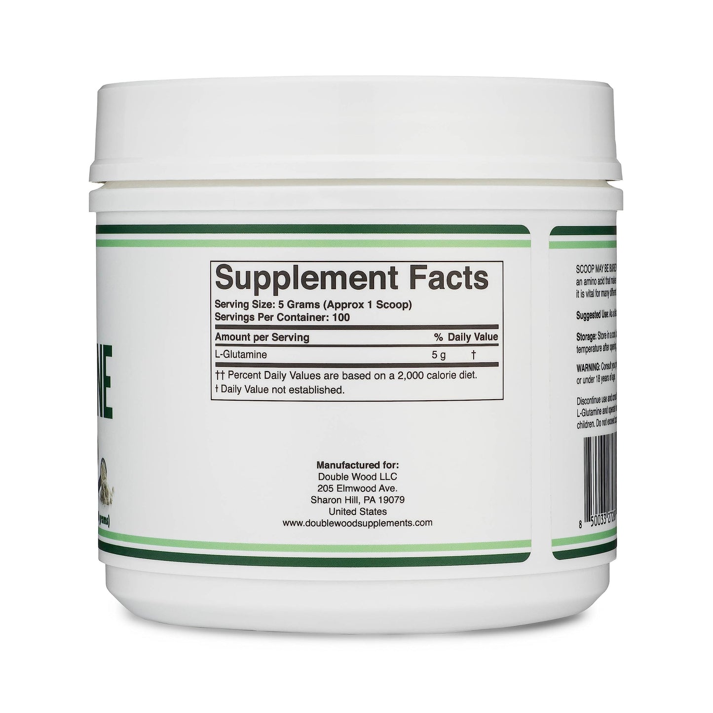 L-Glutamine Powder 1.1lbs (100 Servings) Unflavored - Keto & Vegan | Double Wood
