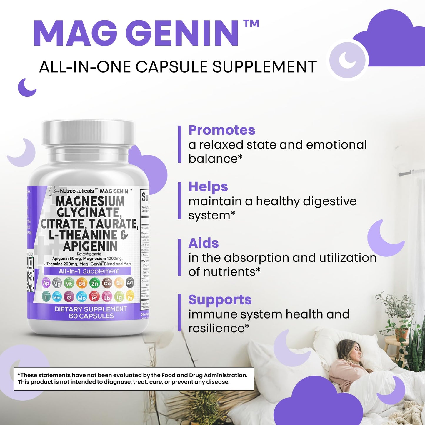 Magnesium Glycinate Complex 1000mg with L-Theanine & Apigenin – 60 Count | Clean Nutraceuticals