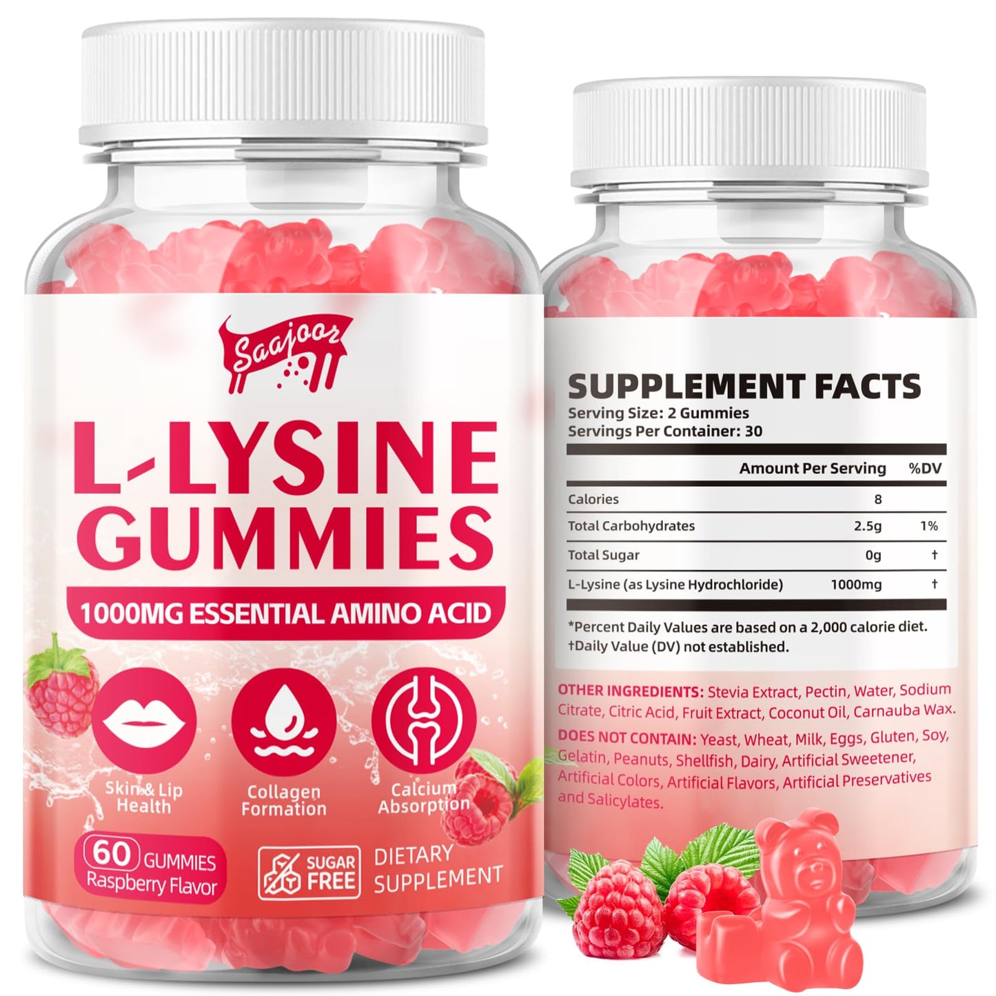 L-Lysine 1000mg Gummies for Immune Support & Skin Health – Vegan, Raspberry, 60 Gummies