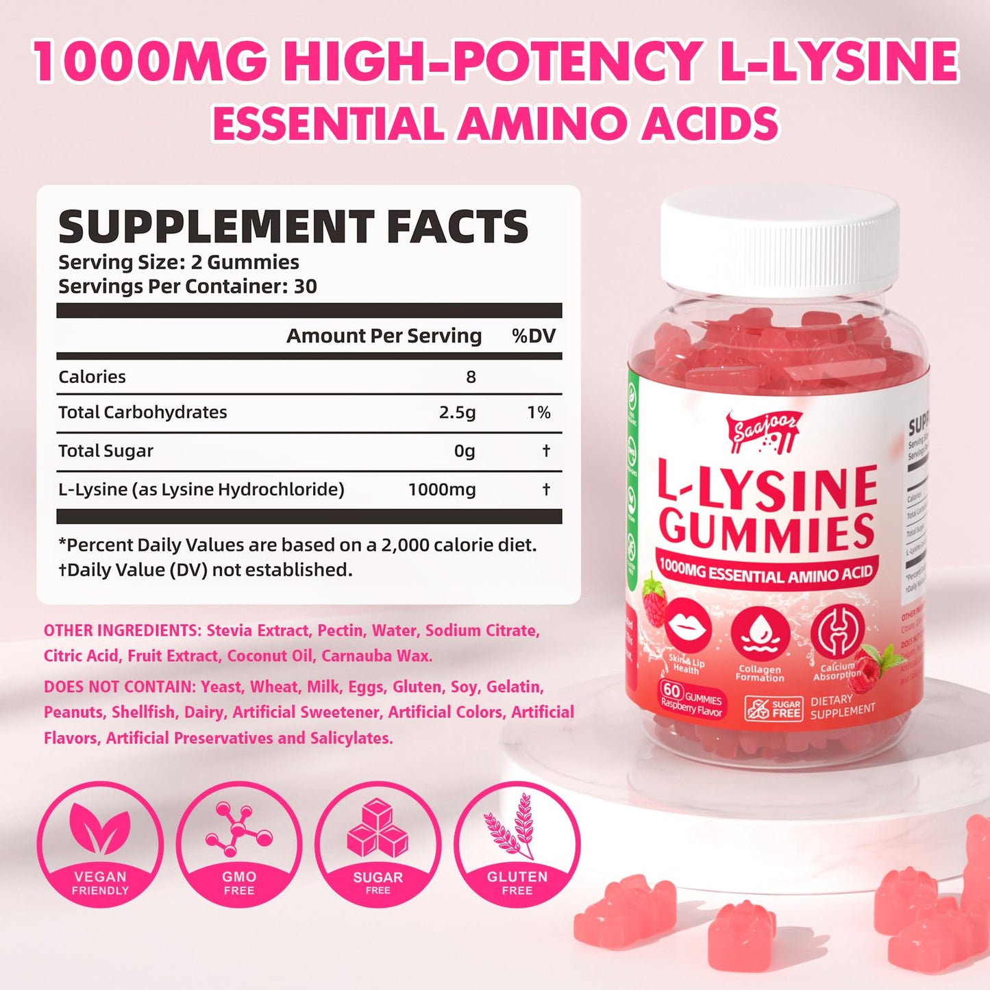 L-Lysine 1000mg Gummies for Immune Support & Skin Health – Vegan, Raspberry, 60 Gummies