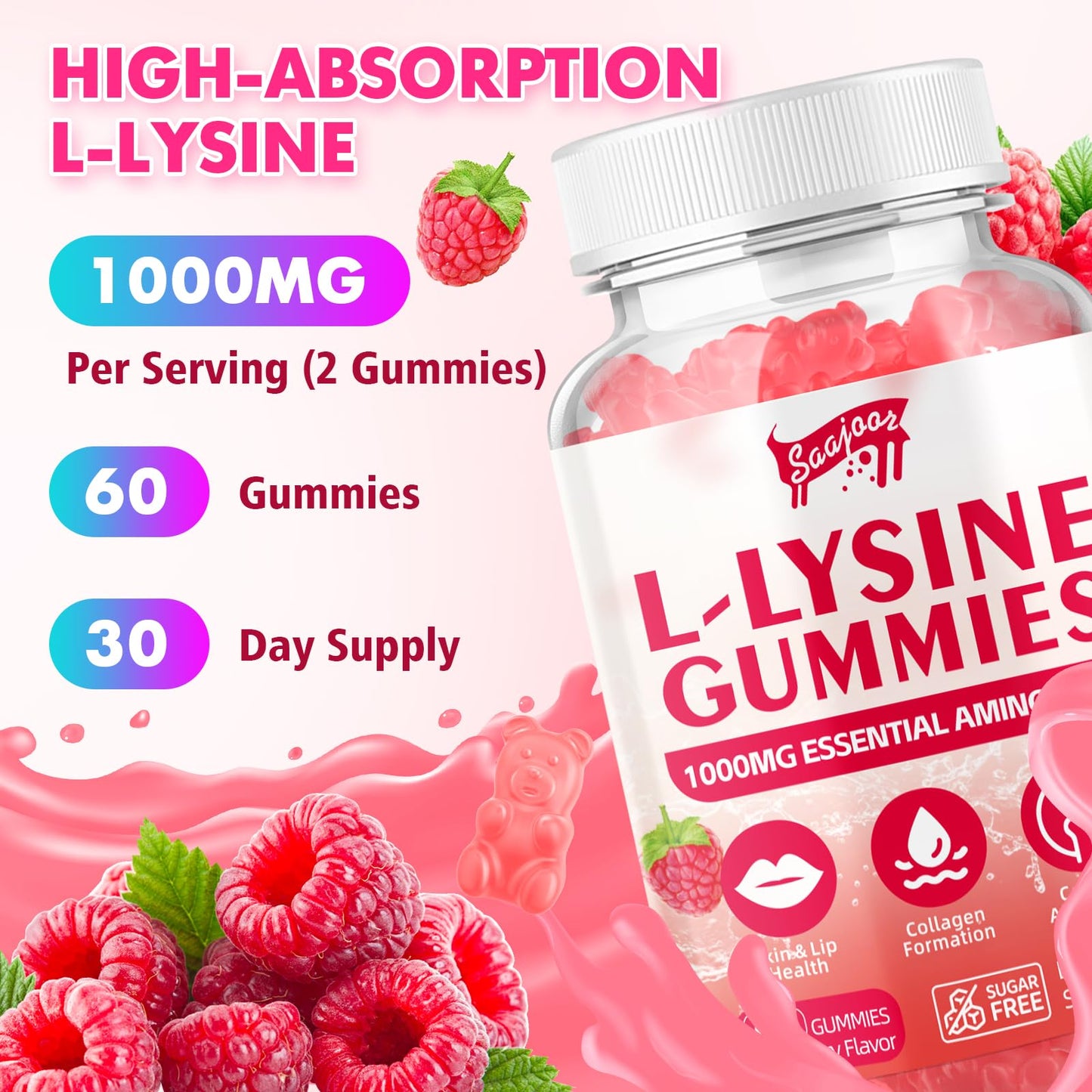 L-Lysine 1000mg Gummies for Immune Support & Skin Health – Vegan, Raspberry, 60 Gummies