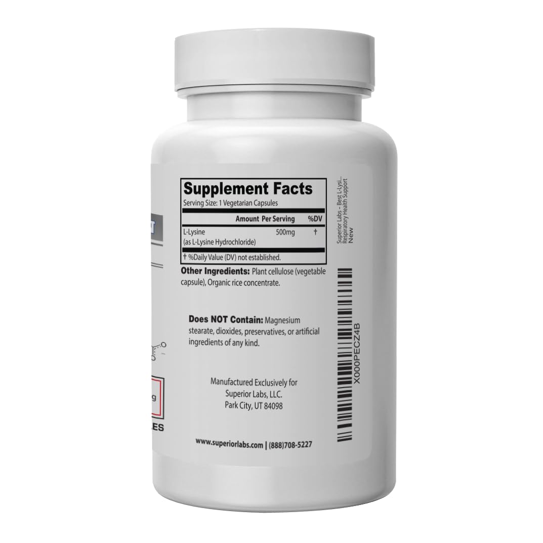 Superior Labs L-Lysine 500 mg Capsules – Third-Party Tested, Non-GMO, Gluten Free | 120 Caps