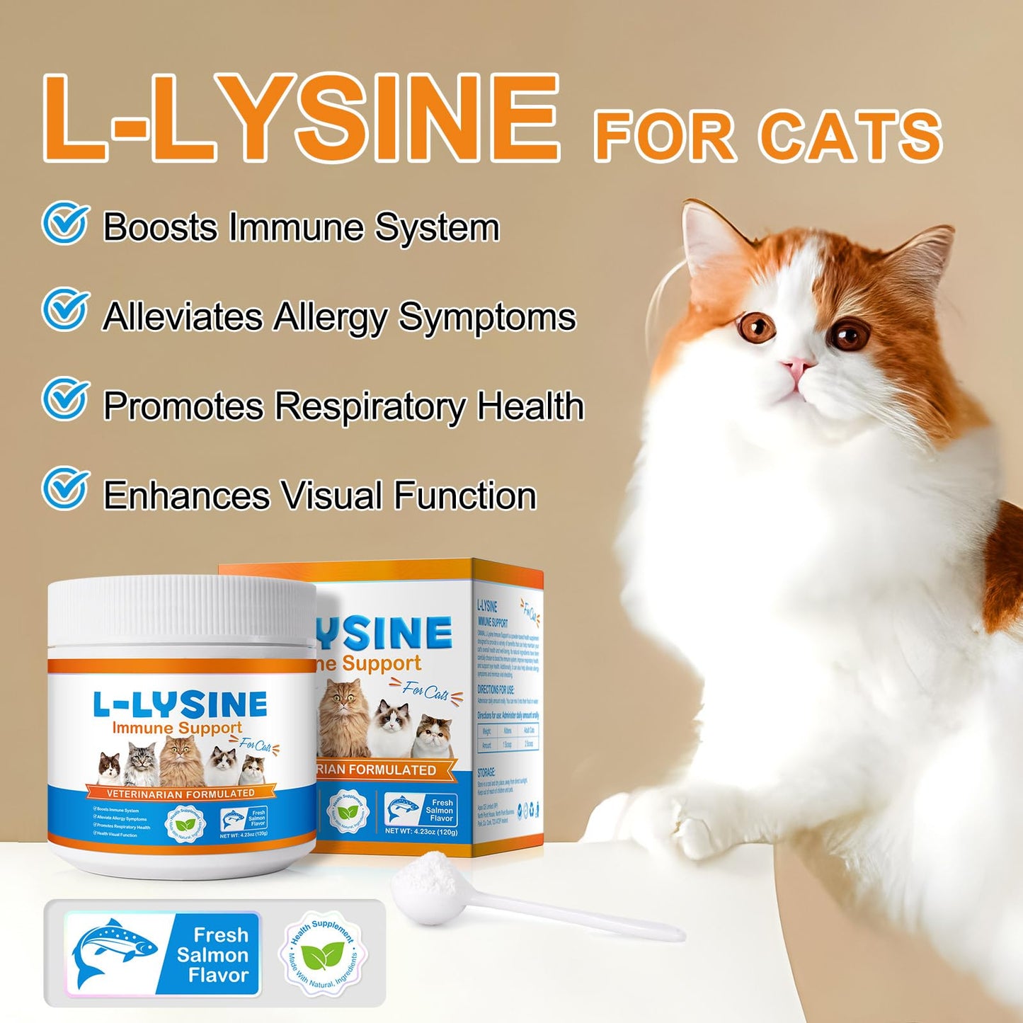 L-Lysine for Cats – 900mg (2 Scoops) Immune Support, Eye & Respiratory Health – 4.23oz (120g)