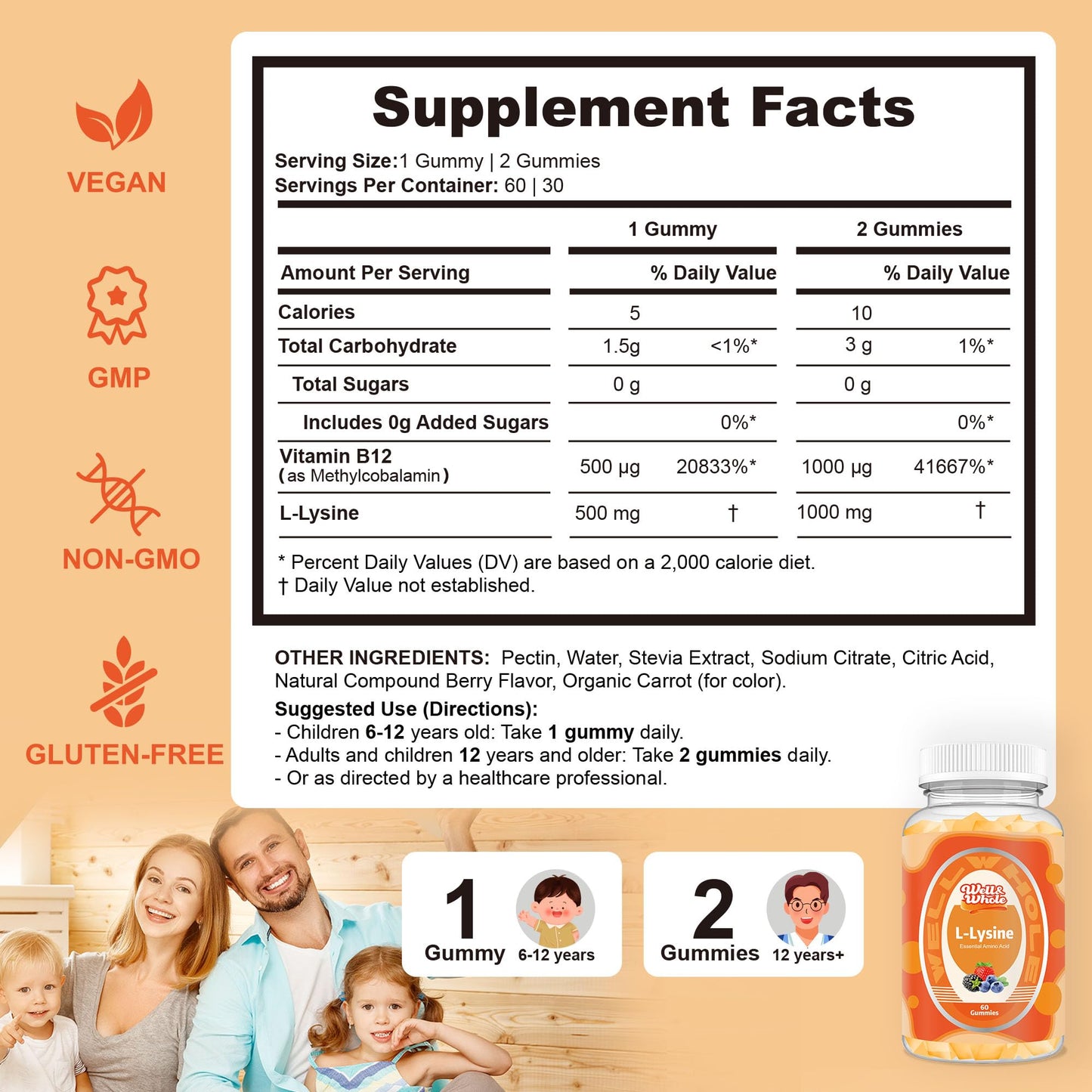L-Lysine Gummies 1000mg – Lip & Cold Sore Support for Women, 60 Count – Vegan, Non-GMO