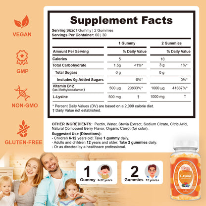L-Lysine Gummies 1000mg – Lip & Cold Sore Support for Women, 60 Count – Vegan, Non-GMO