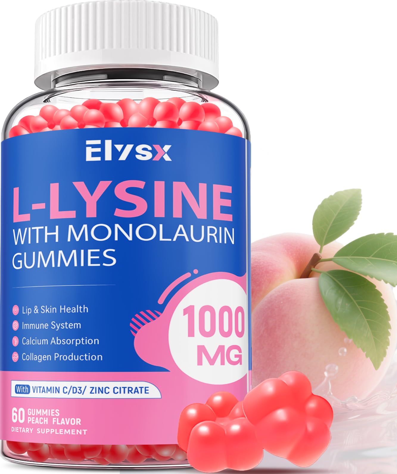 L-Lysine Gummies 1000mg with Monolaurin – Sugar-Free Peach Immune Support (60 Count)