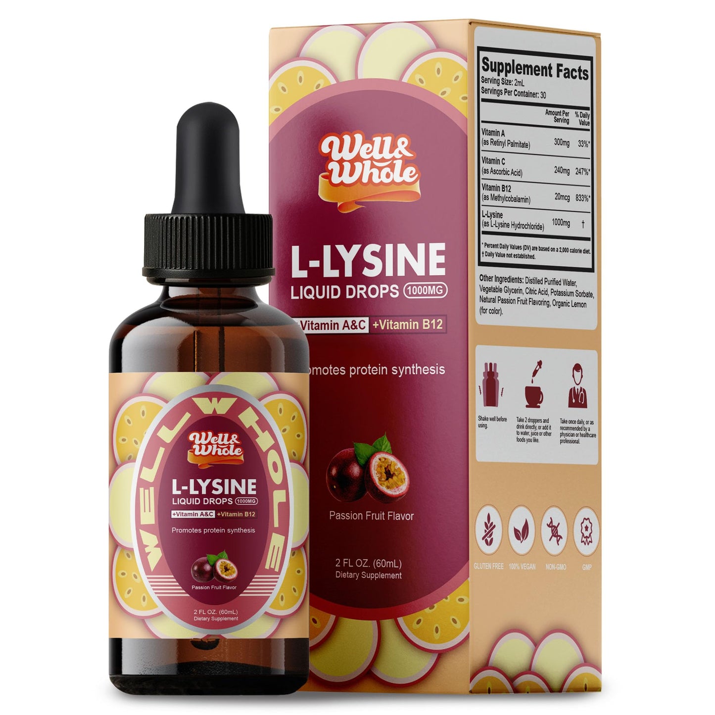 L-Lysine Liquid Drops 1000mg – Immune Support, Skin & Lips Health | Vegan, Non-GMO, 2 Oz