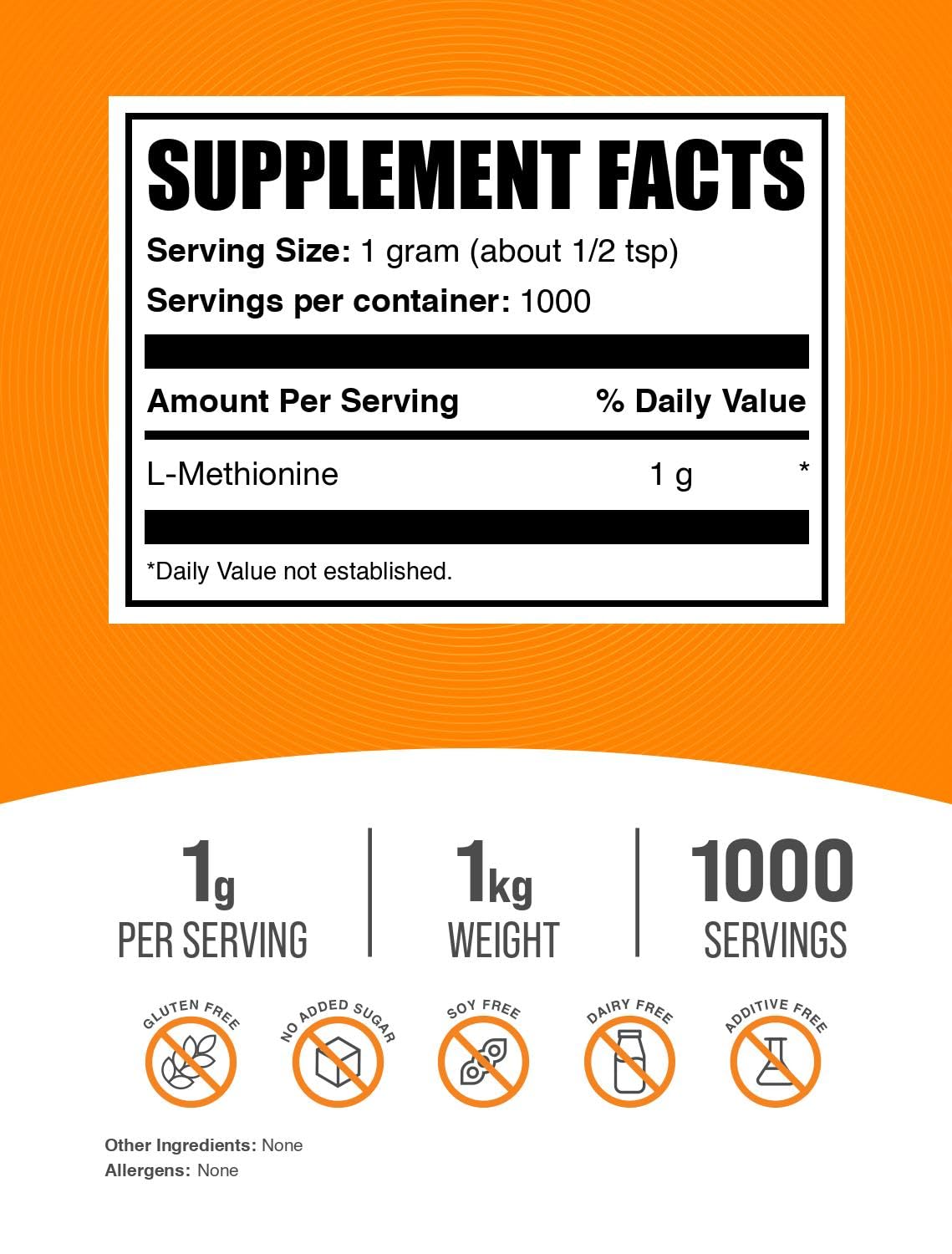 BulkSupplements.com L-Methionine Powder – Gluten Free, 1kg (2.2 lbs) | Amino Acids Supplement, 1g per Serving, Pack of 1
