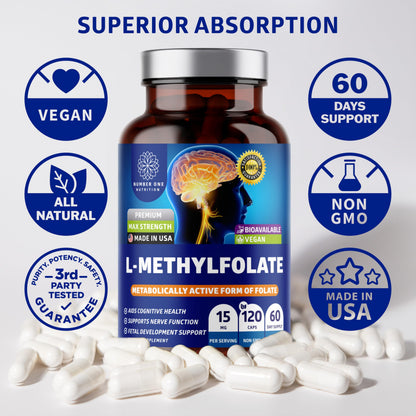 Number One Nutrition L-Methylfolate 12.75mg – Extra Strength, 120 Caps | Gluten-Free & Non-GMO