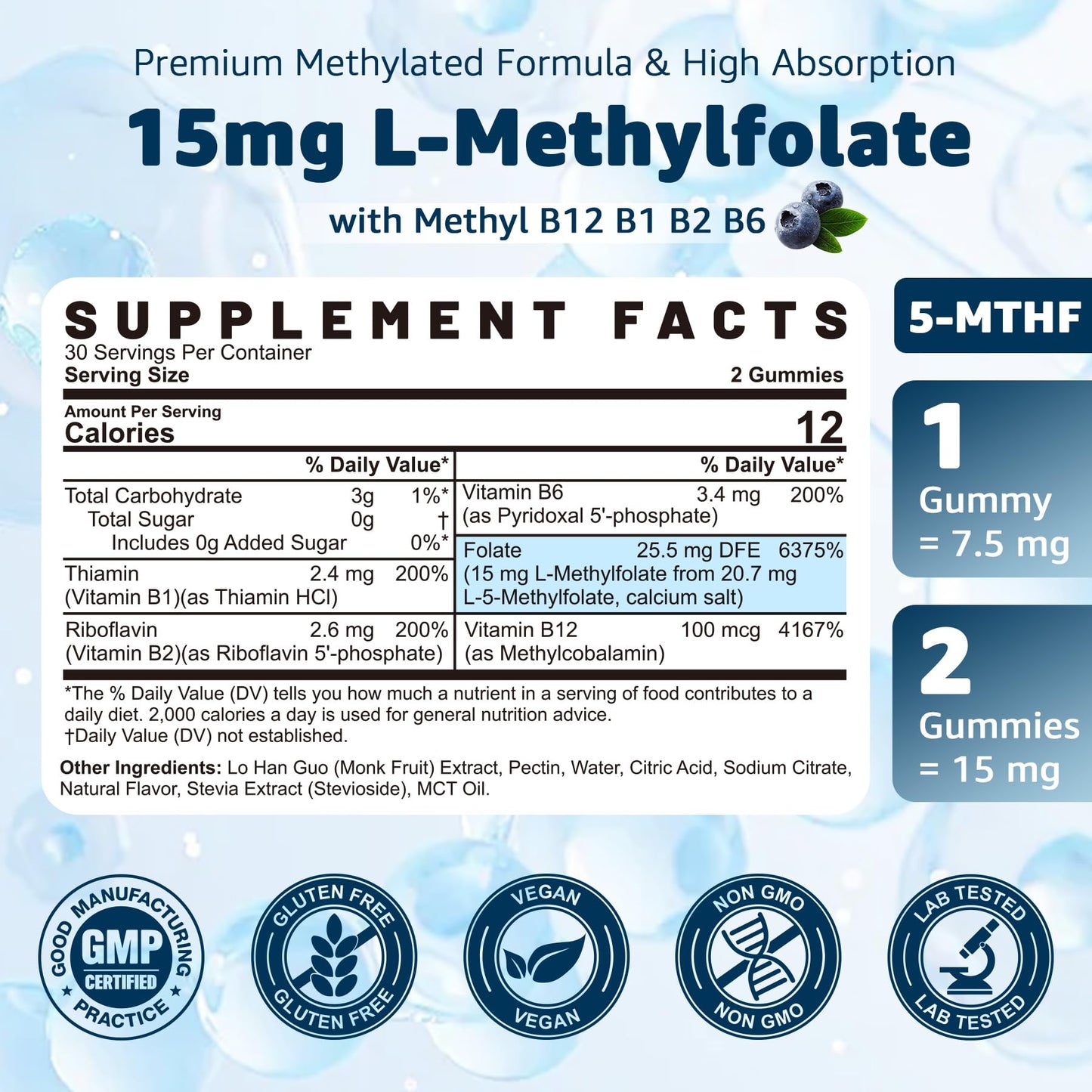 L-MethylFolate 15mg & Methyl B12 Gummies - Active 5-MTHF, Vegan, 60 Count