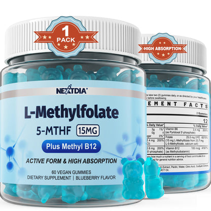 L-MethylFolate 15mg & Methyl B12 Gummies - Active 5-MTHF, Vegan, 60 Count