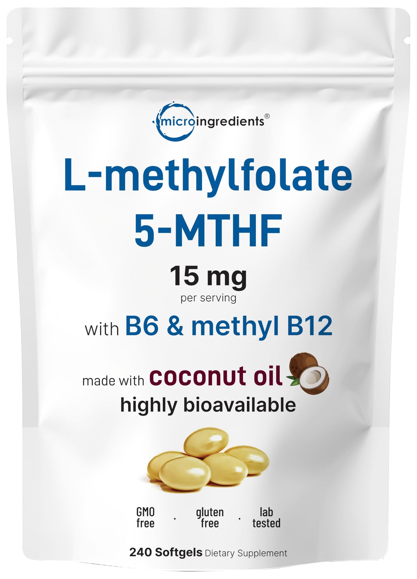 L Methylfolate 15mg with B6 + Methyl B12 | 240 Softgels with Coconut Oil | 3-in-1 Active Folate & B Vitamin Complex