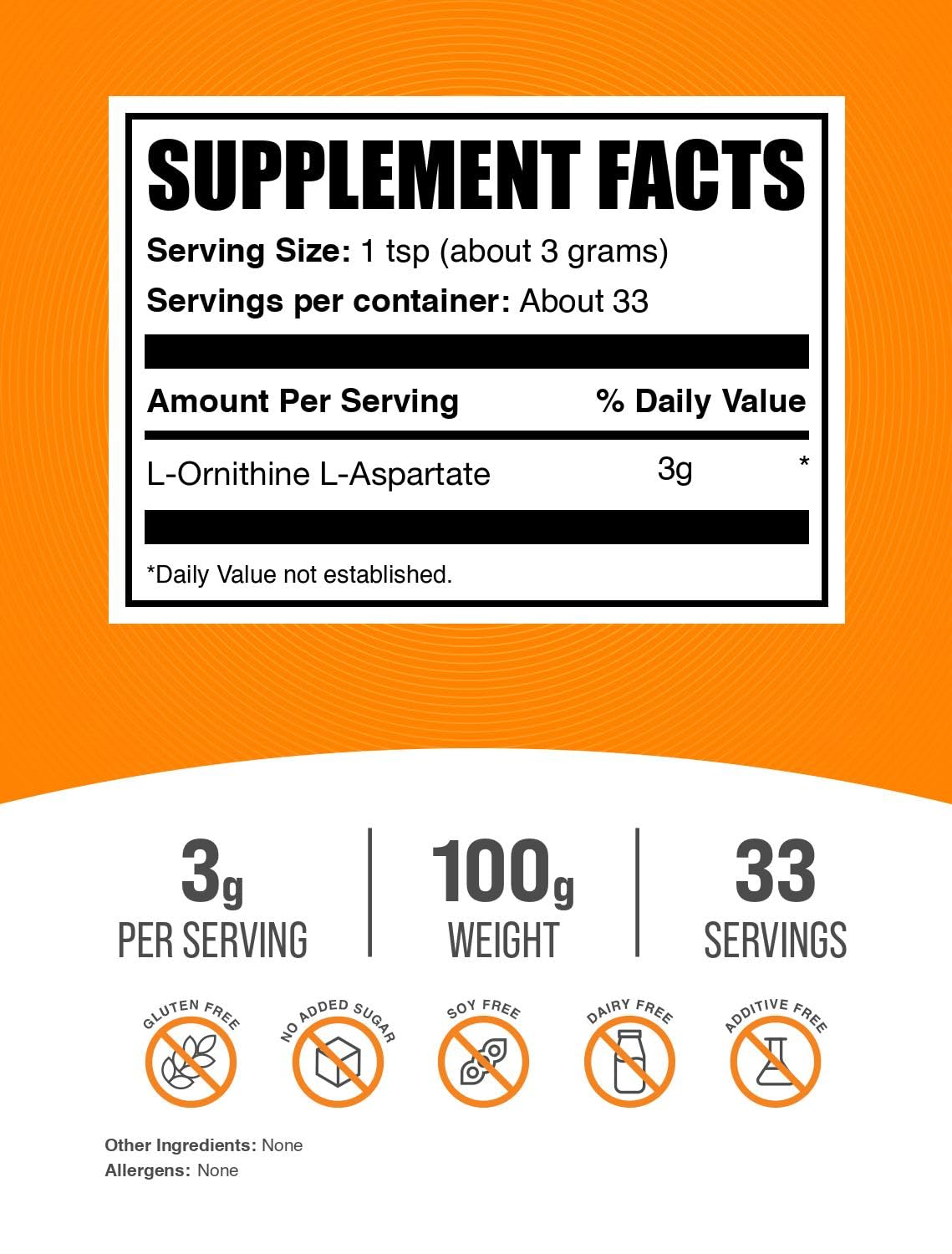 L-Ornithine L-Aspartate Powder – Gluten Free Amino Acid Supplement (3g/Serving, 100g Pack of 2)