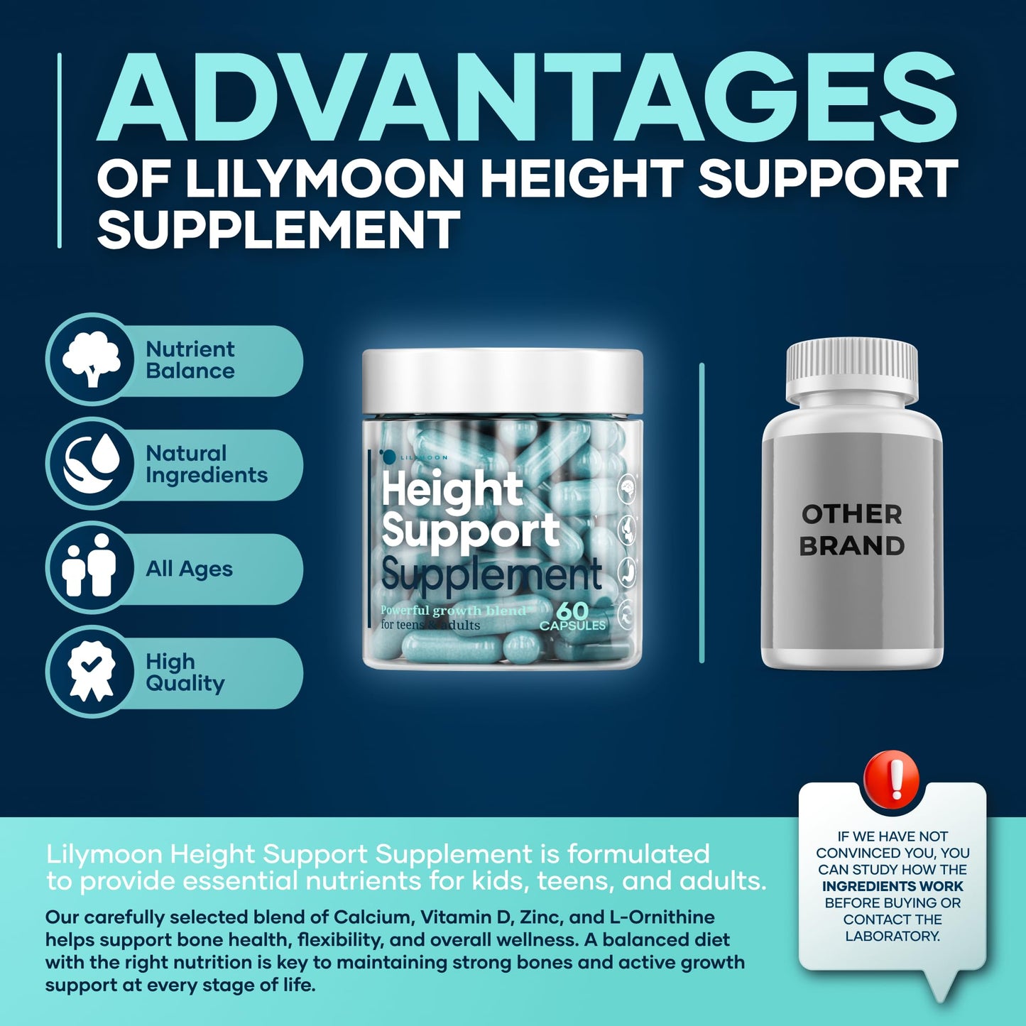 LilyMoon Height and Bone Support for Kids and Teens | Calcium Vitamin D Zinc 60 Caps