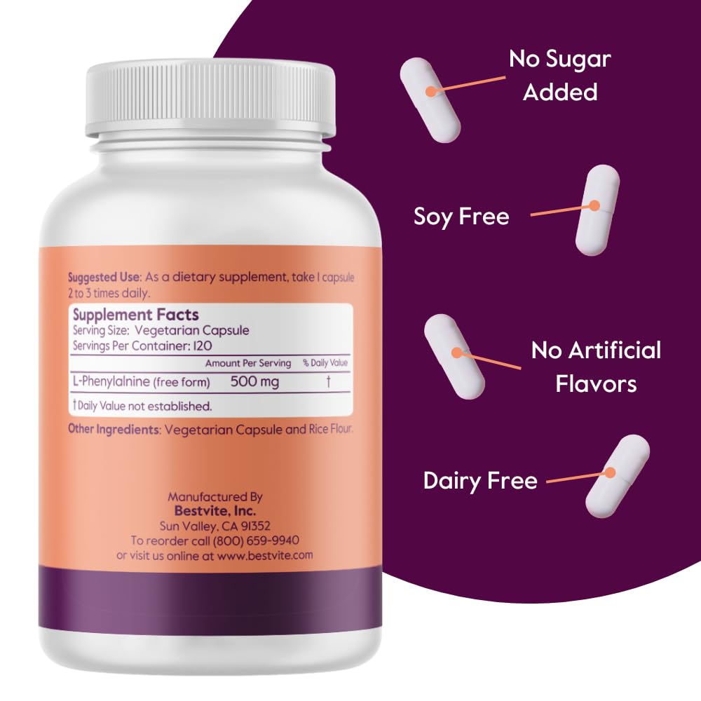 BESTVITE L-Phenylalanine 500mg – 120 Veg Capsules | Vegan, Gluten Free, Non-GMO