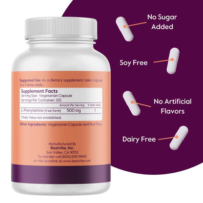 BESTVITE L-Phenylalanine 500mg – 120 Veg Capsules | Vegan, Gluten Free, Non-GMO