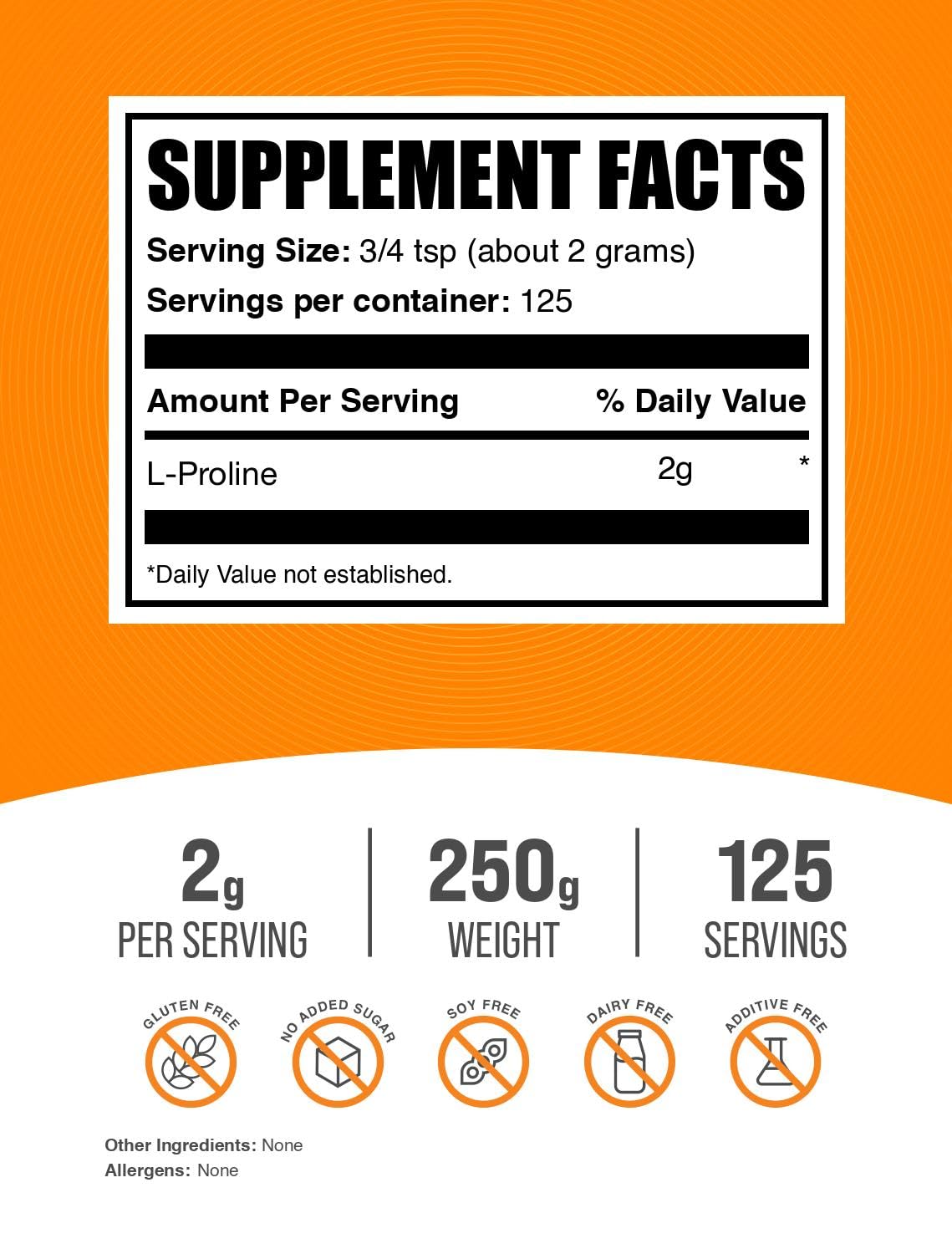 L-Proline Powder - Unflavored, 2g Serving, 250g | BulkSupplements