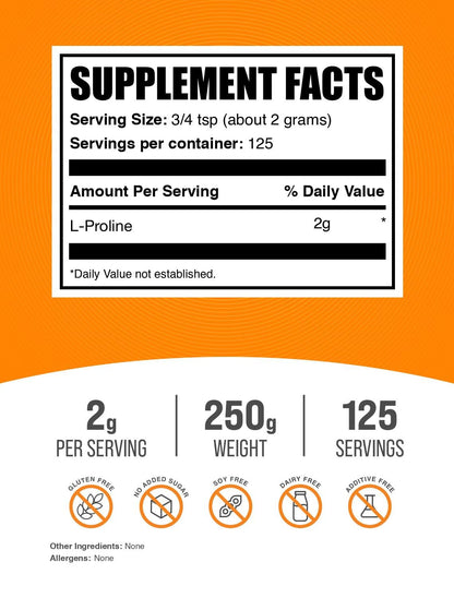L-Proline Powder - Unflavored, 2g Serving, 250g | BulkSupplements